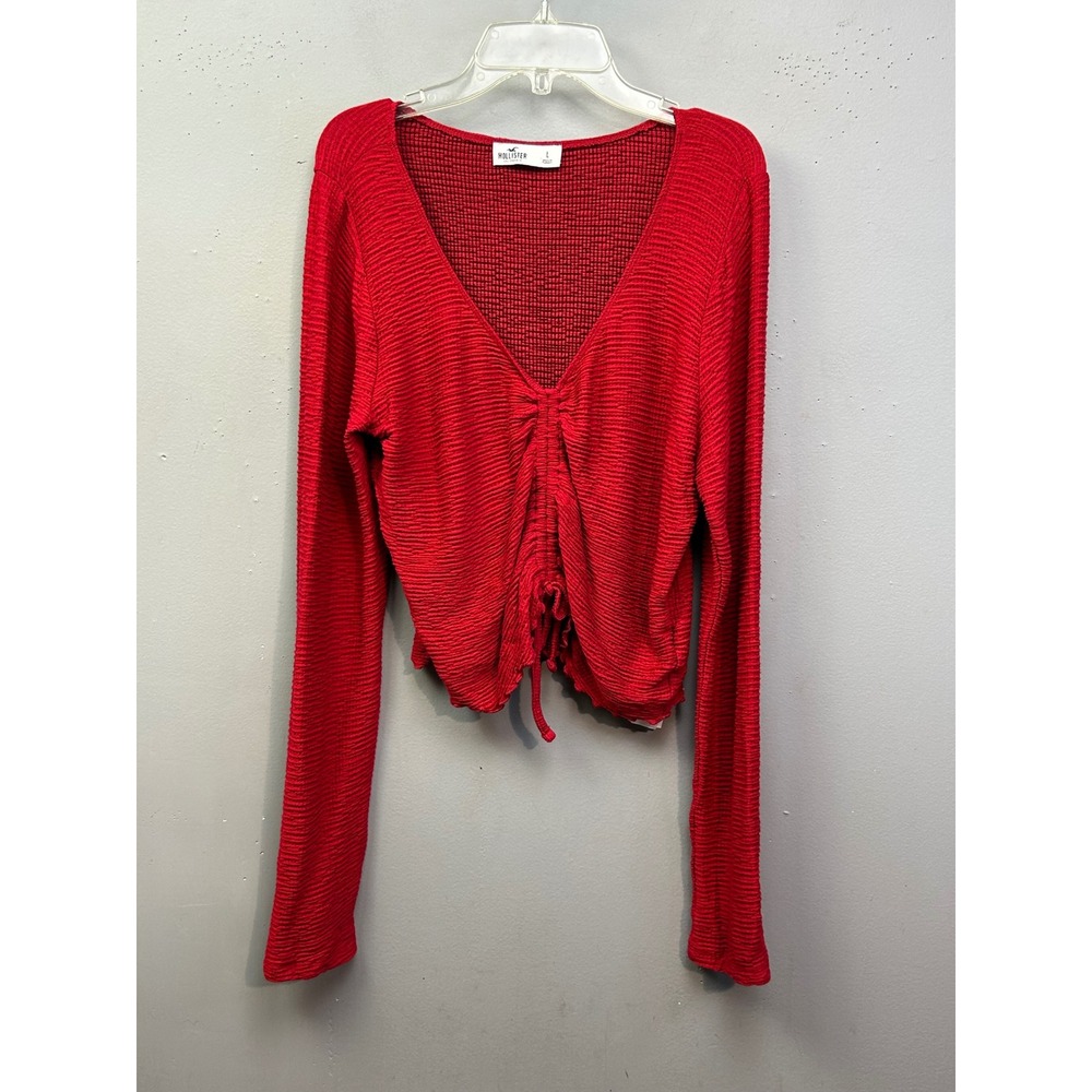 Hollister Top Women Large Red Ruched Front Tie V-Neck Long Sleeve Cropped